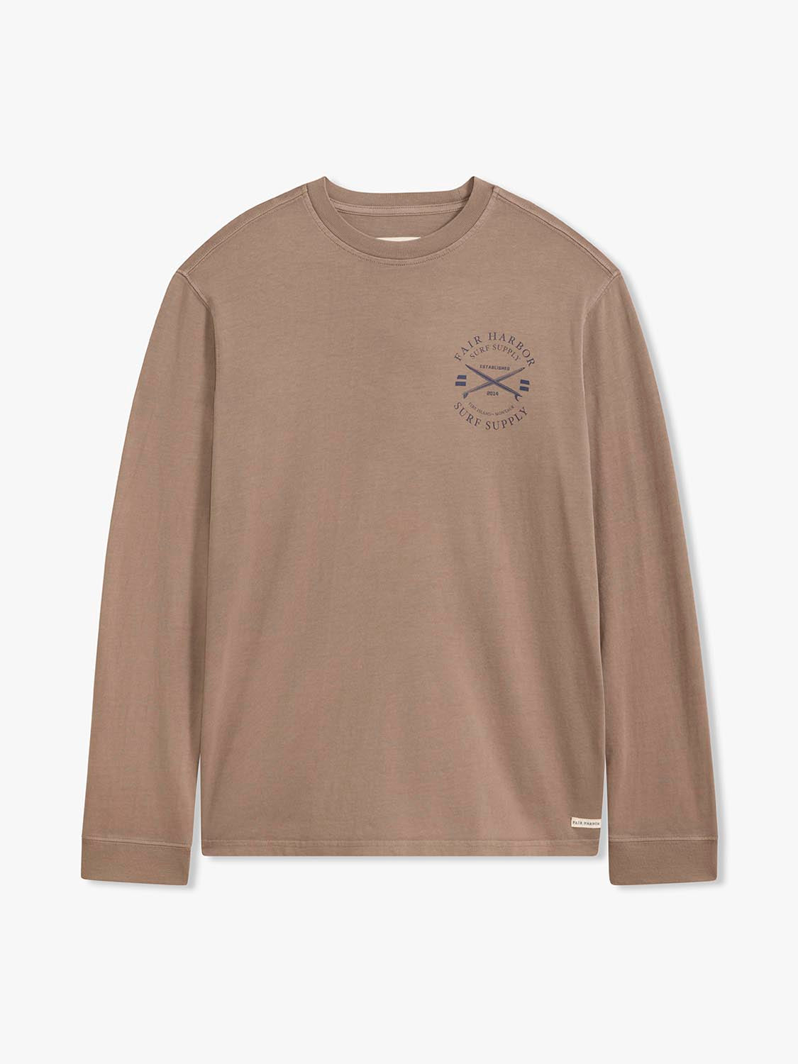 Tan long sleeve tee with an archival crest graphic printed on the chest.