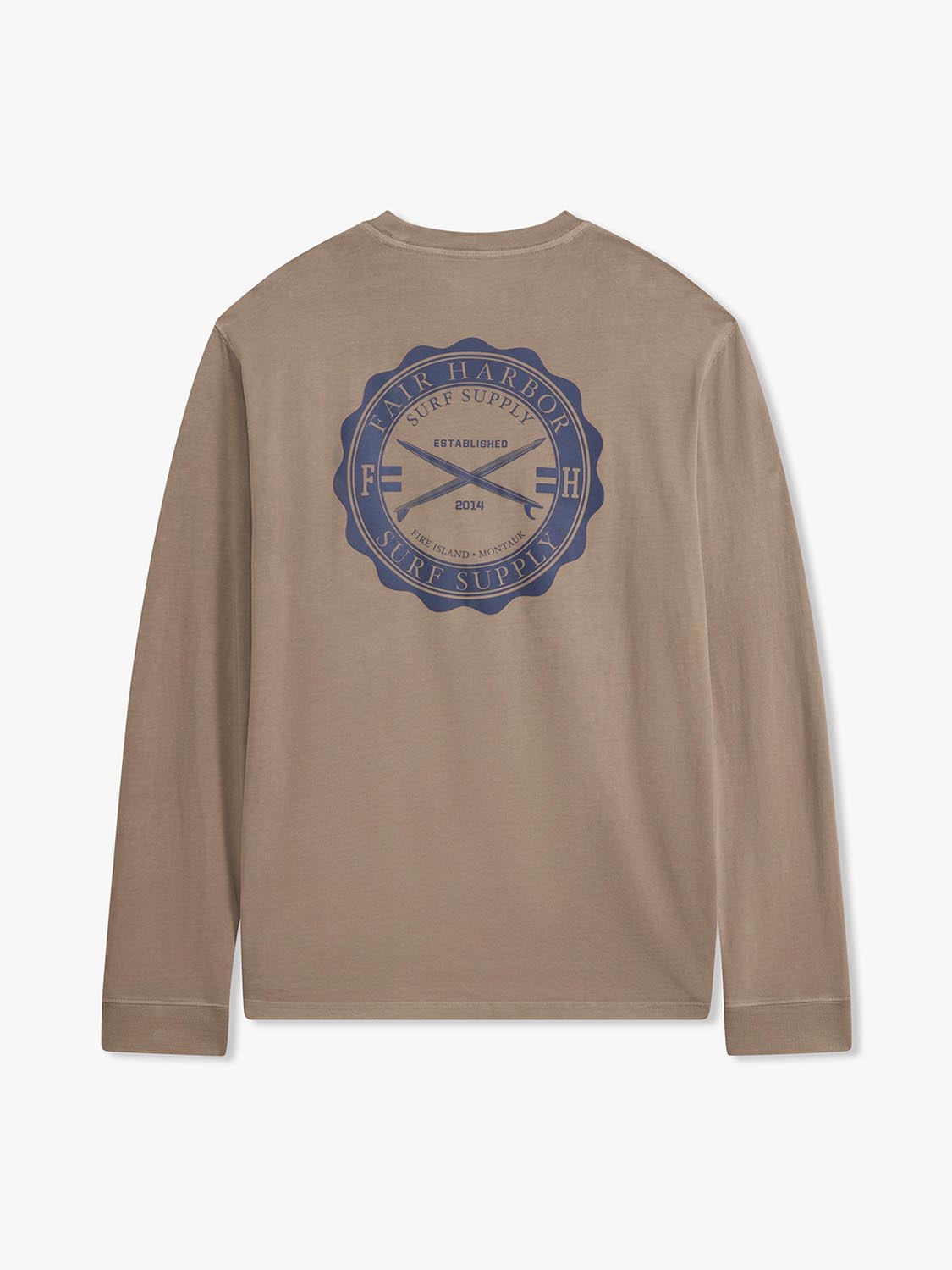 Taupe long sleeve tee with blue circular archival crest graphic featuring crossed surfboards and text on back.