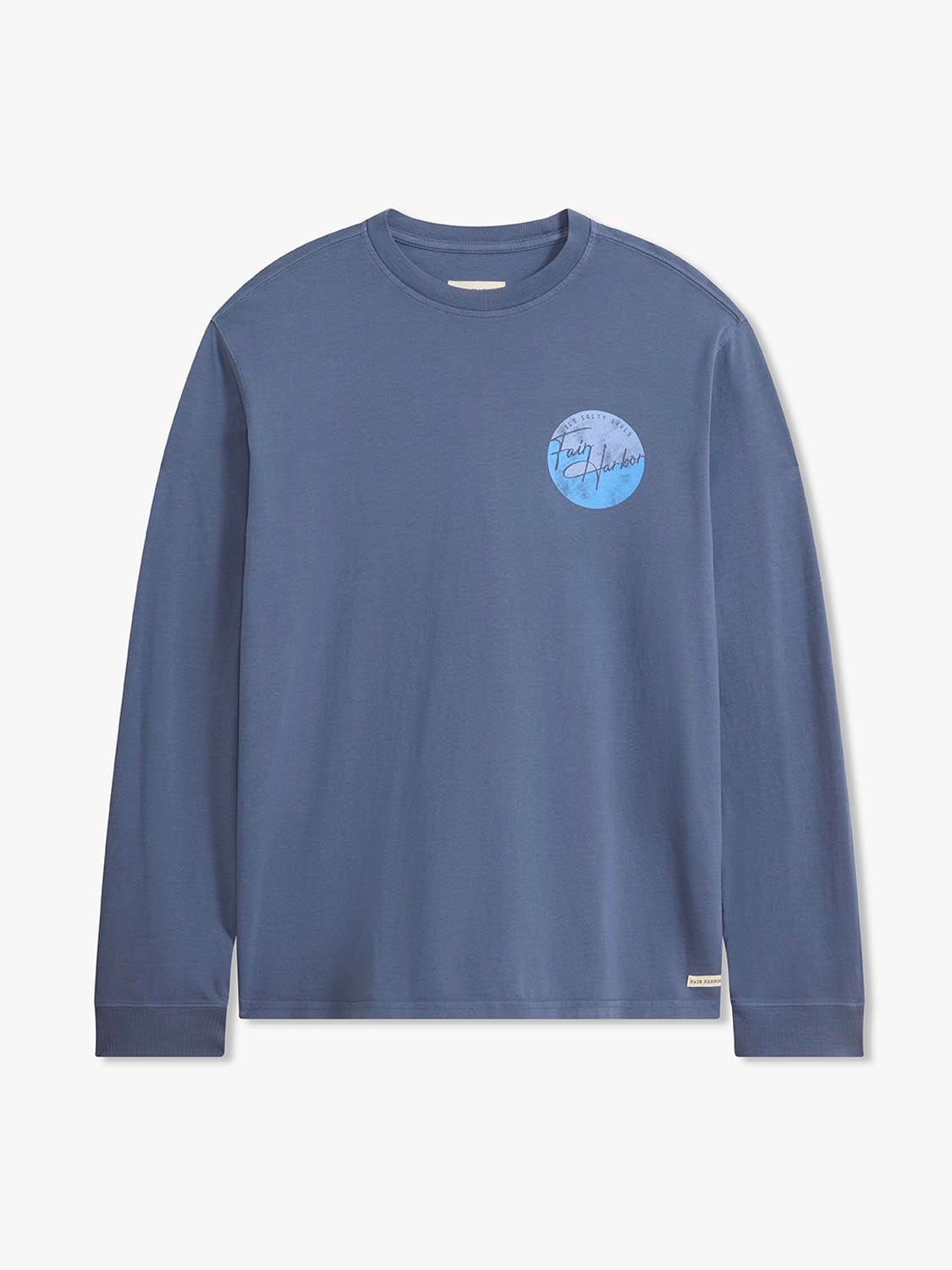 Blue long sleeve t-shirt with circular graphic logo printed on chest.