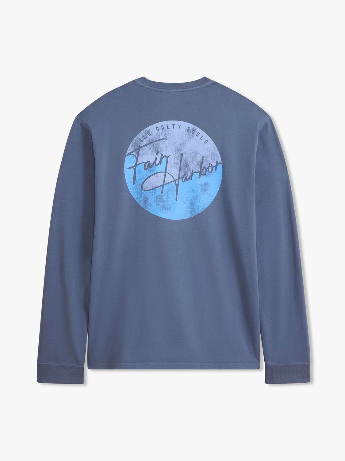 Blue long sleeve tee with circular graphic print featuring 