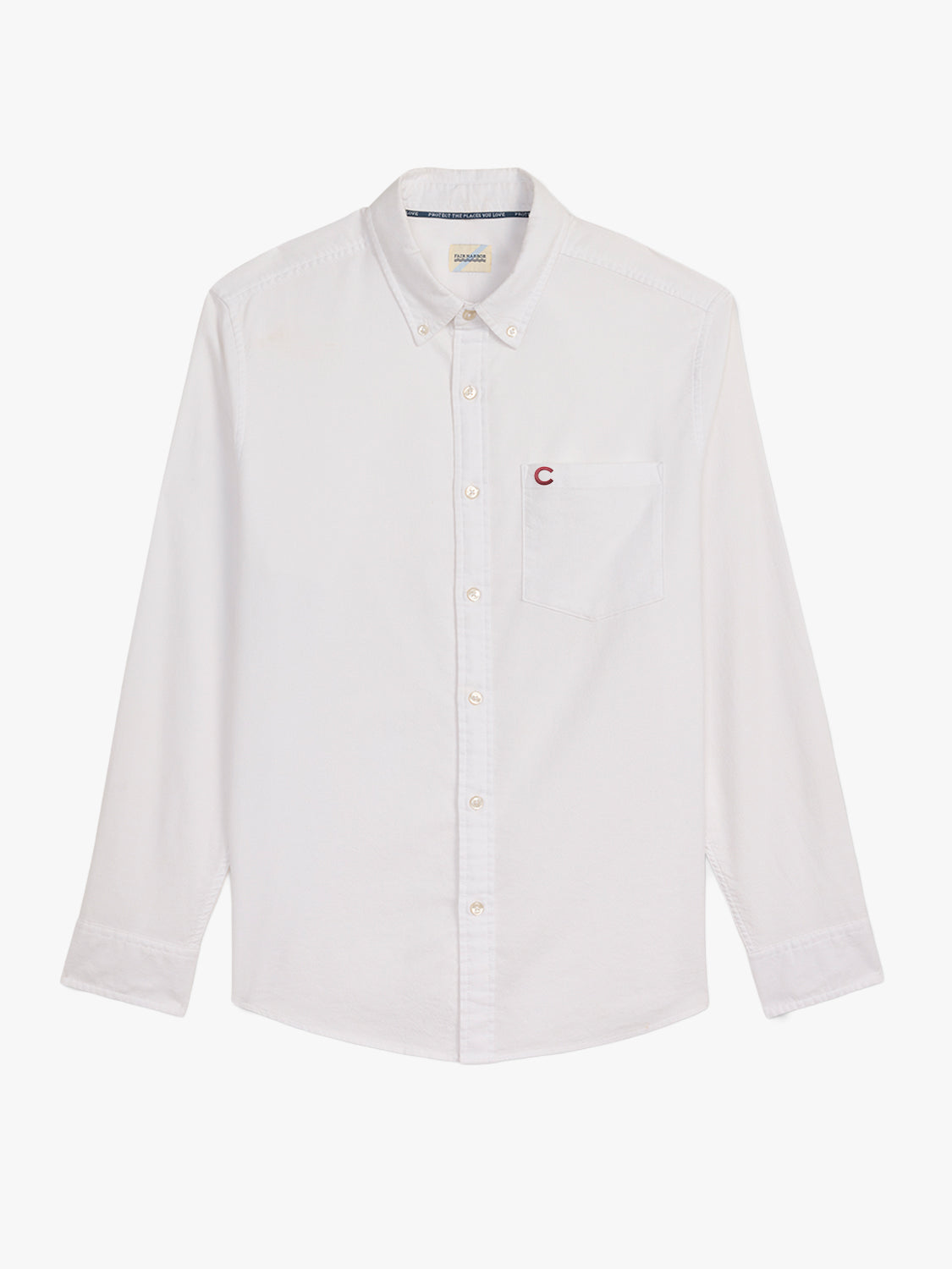 White button-up Oxford shirt with small red 