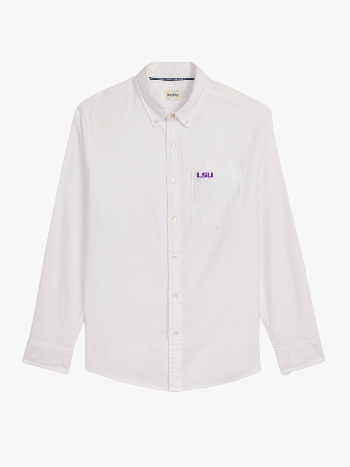 White button-down oxford shirt with LSU embroidered logo on chest pocket.