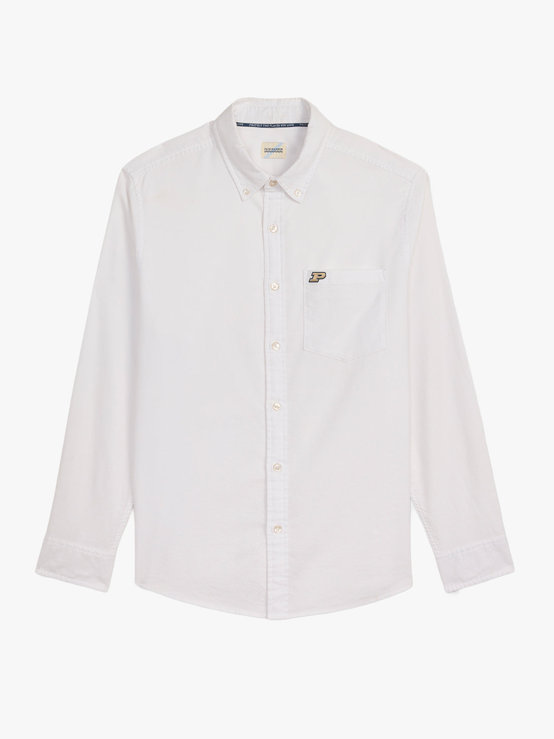 White button-up oxford shirt with Purdue University logo on chest pocket and navy collar detail.