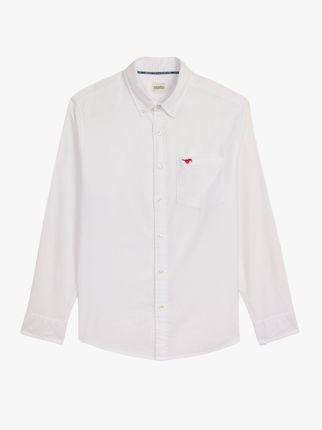 White button-down oxford shirt with long sleeves, chest pocket, and small red embroidered logo.