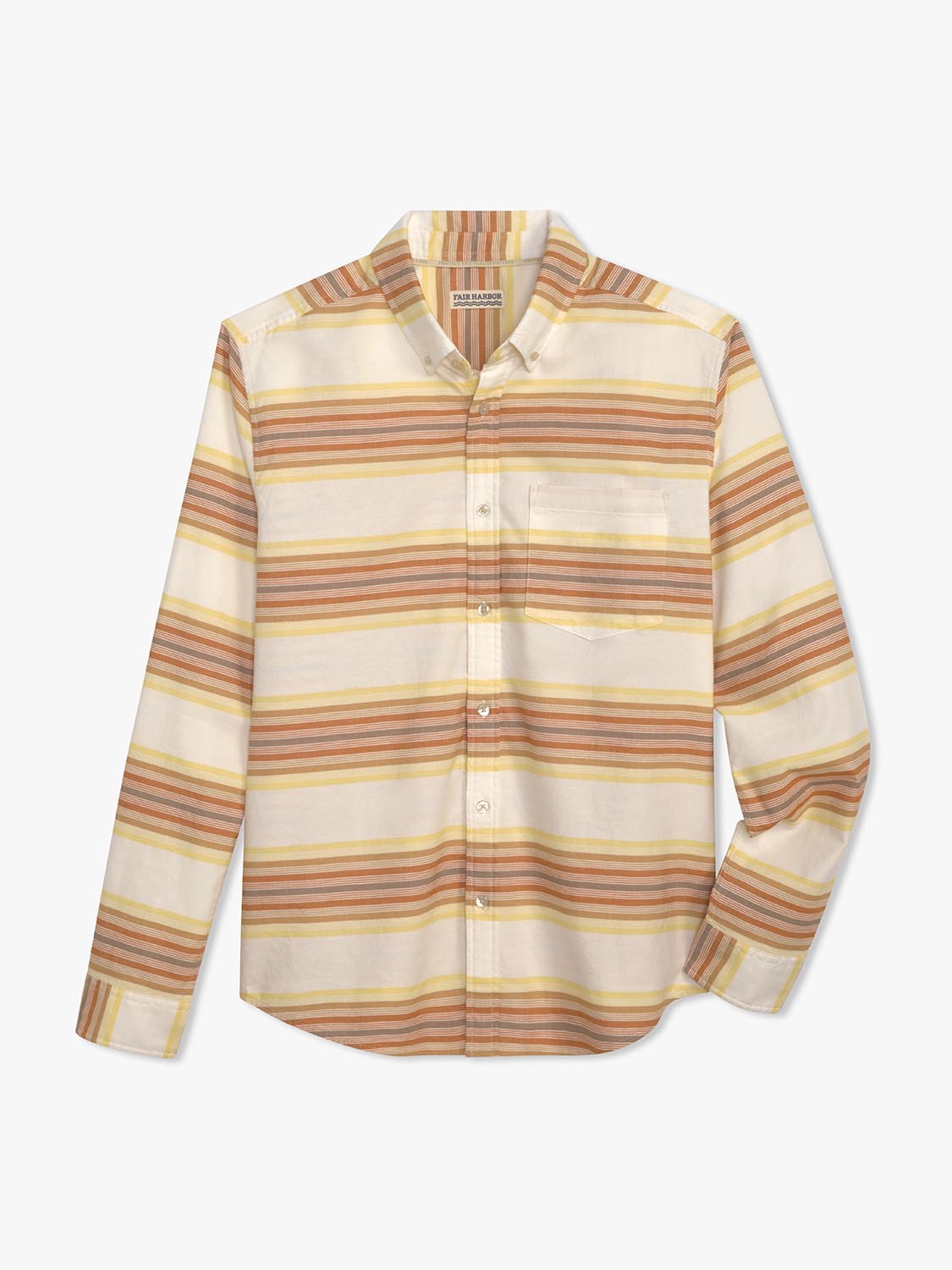 Long-sleeved Oxford shirt with horizontal stripes in coral, yellow, and cream featuring a chest pocket.
