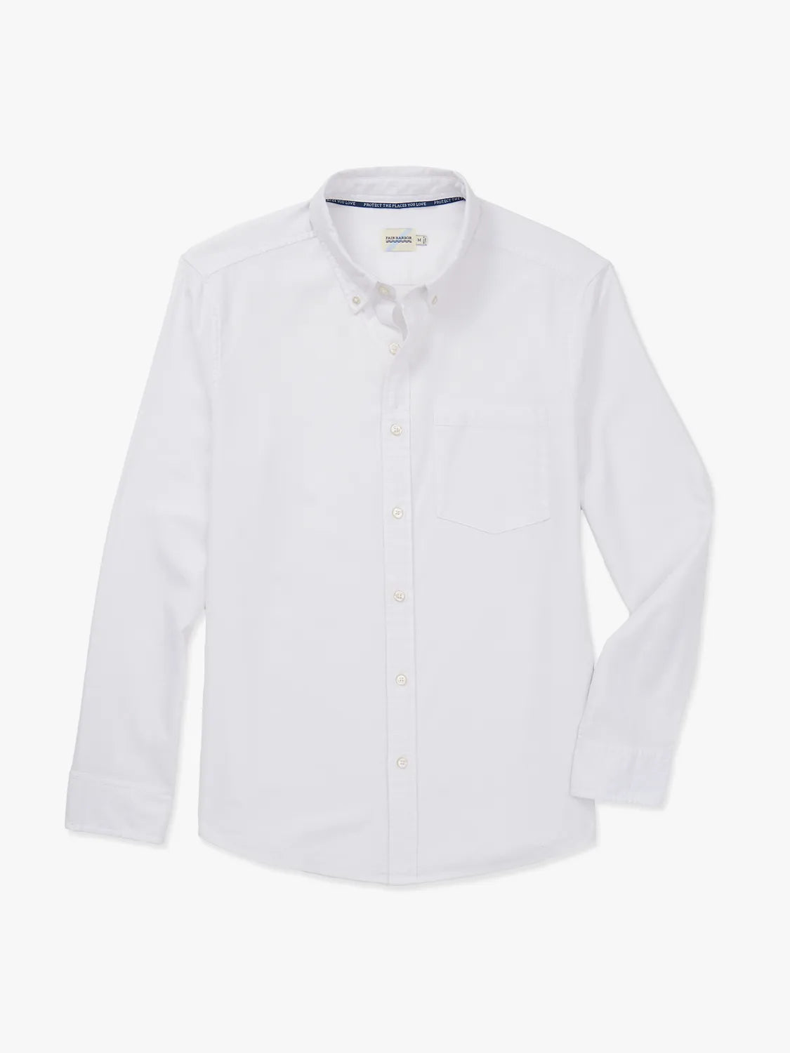 White long-sleeved Oxford shirt with button front closure and navy trim at collar.