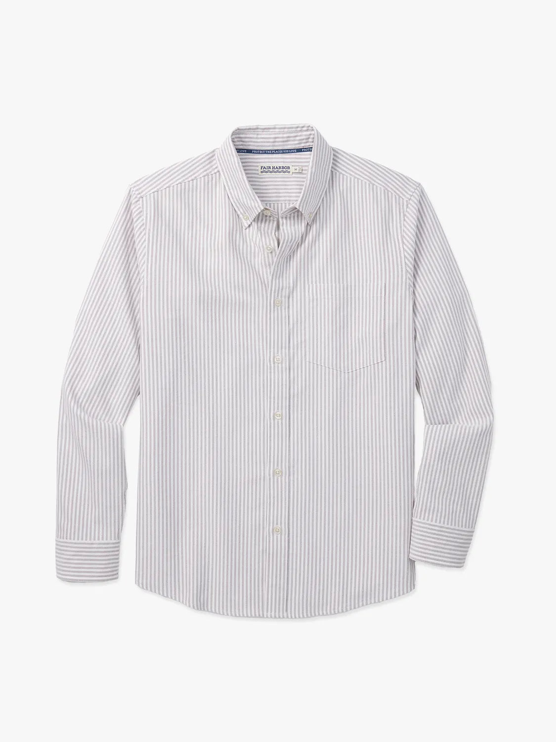 Men's long-sleeve oxford shirt with vertical oak and white stripes and button closure.