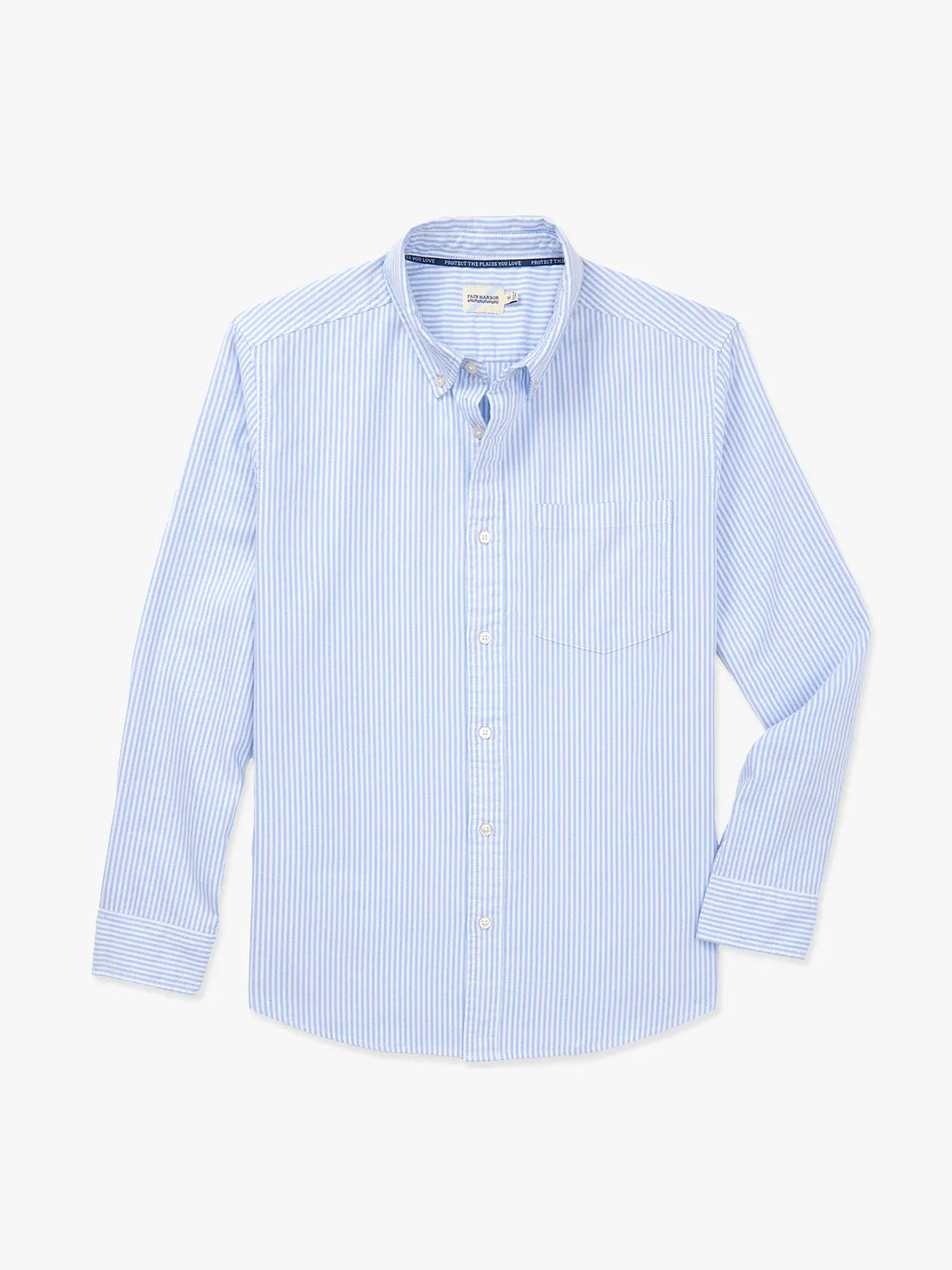 Light blue and white striped oxford button-down shirt with long sleeves and chest pocket.