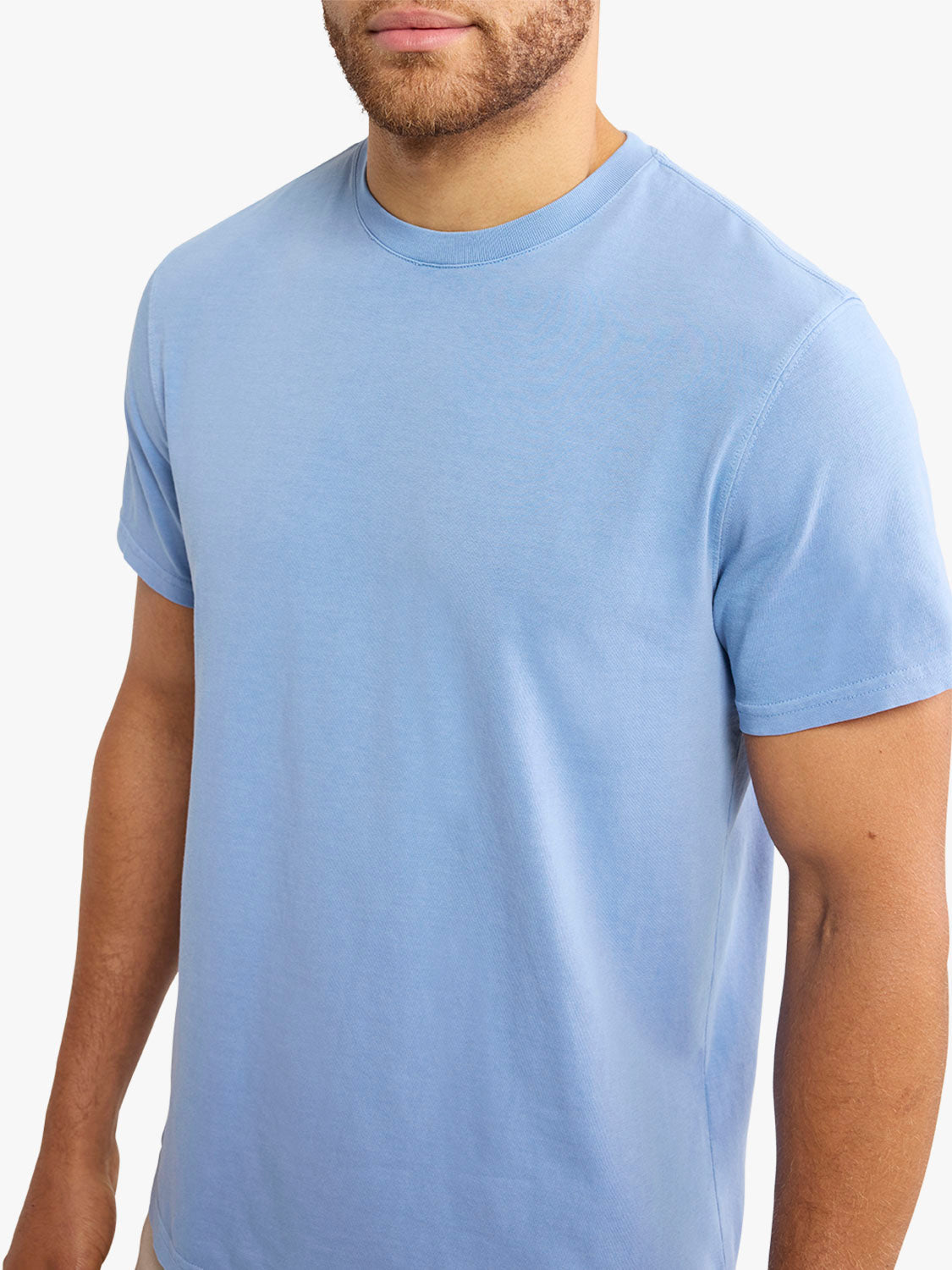 Man wearing a light blue short-sleeved crewneck t-shirt with a relaxed fit.