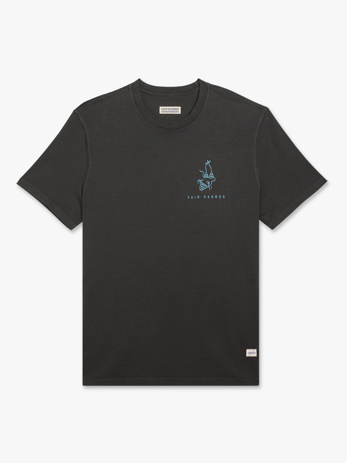 Charcoal gray t-shirt with small blue sailboat and Fair Harbor text graphic on chest.