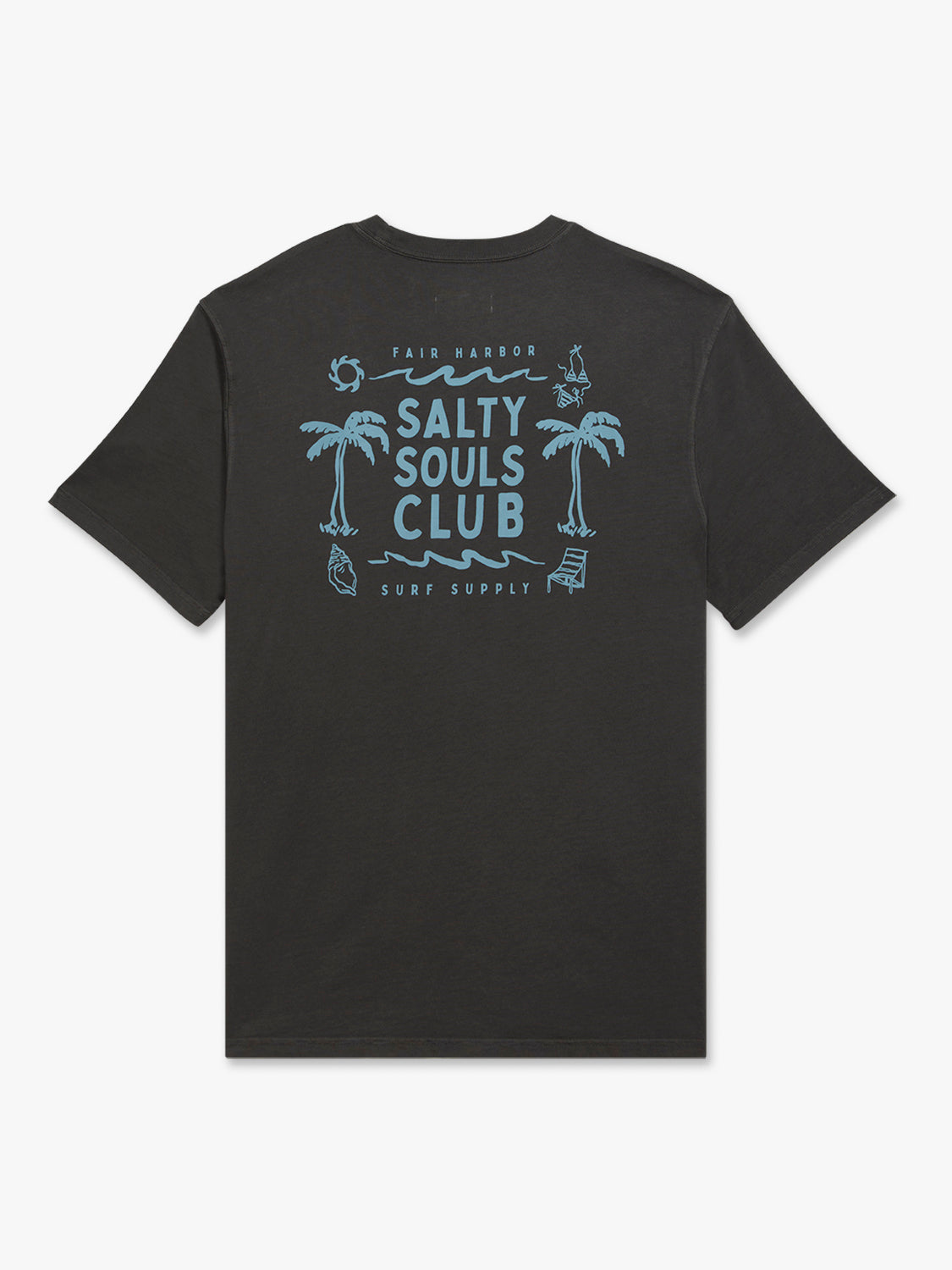 Black short-sleeve t-shirt with blue graphic print reading 