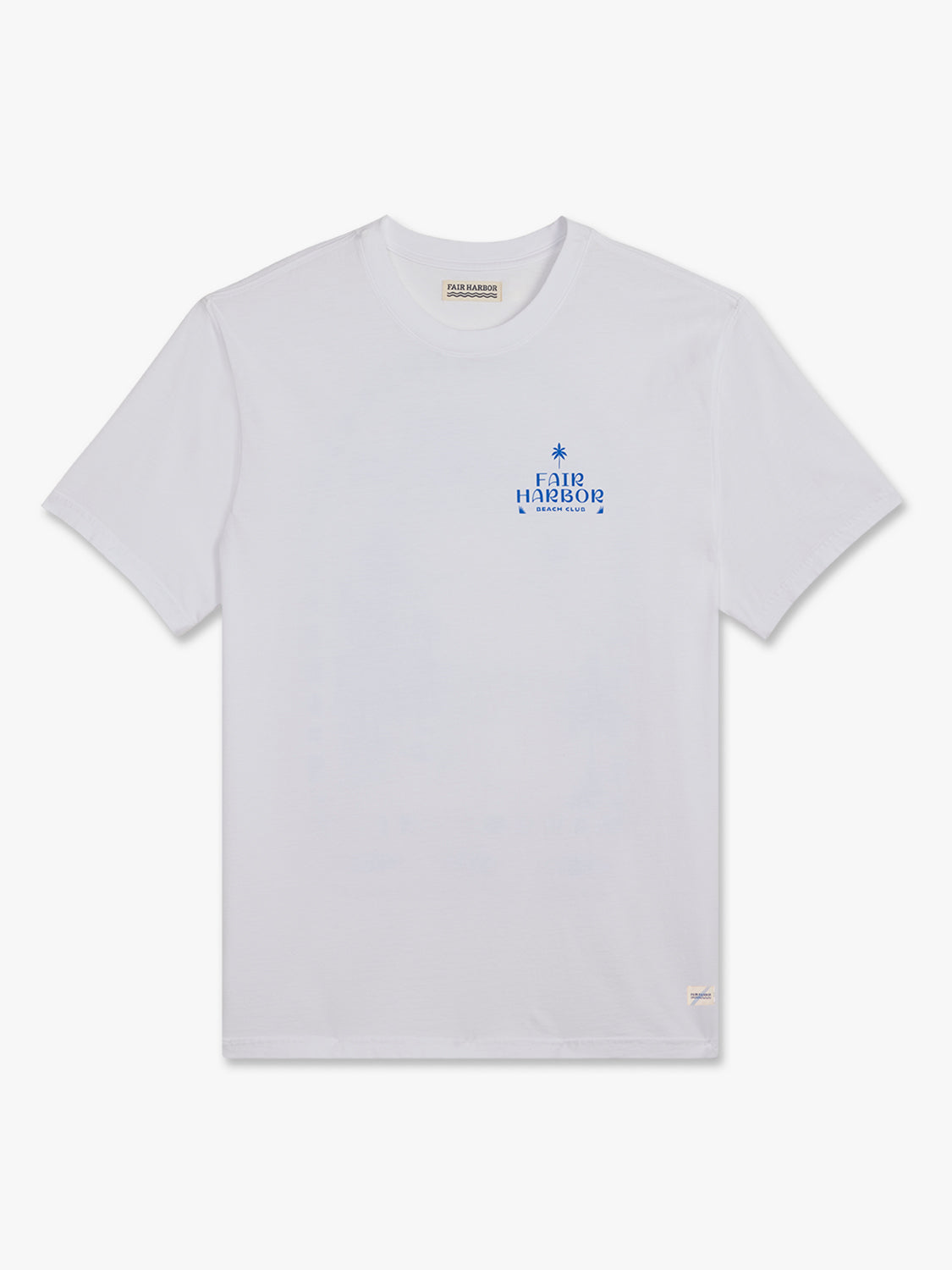 White short-sleeve t-shirt with blue Fair Harbor graphic logo printed on chest.