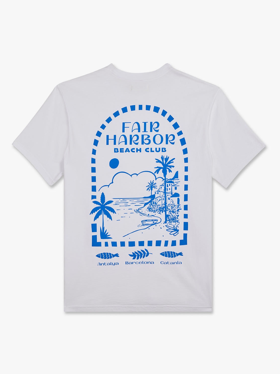 White short-sleeve tee with blue Fair Harbor Beach Club graphic featuring palm trees and coastal scene.