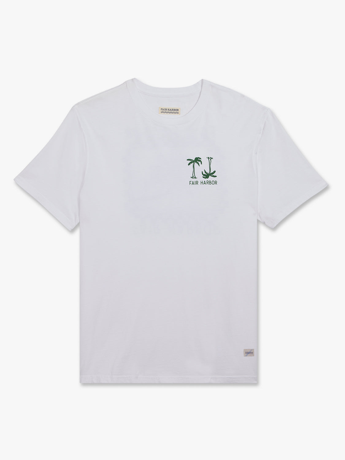 White short-sleeved t-shirt with small green palm tree graphic and Fair Harbor text on chest.