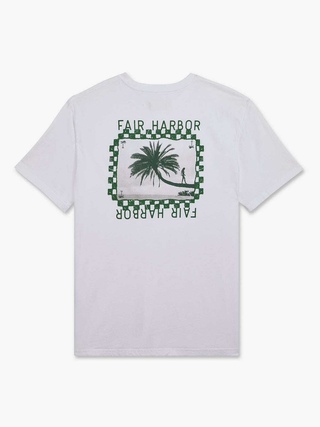 White short-sleeve t-shirt with green checkered border graphic featuring a palm tree and Fair Harbor text.