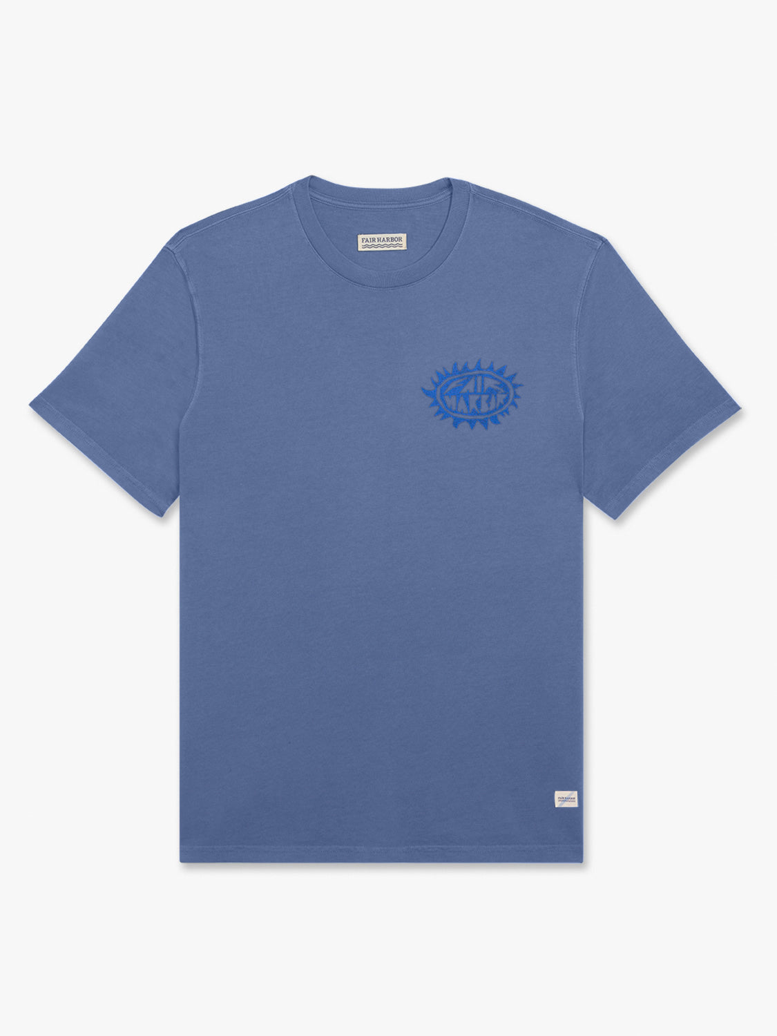 Blue short-sleeve t-shirt with a darker blue circular graphic design on the chest.