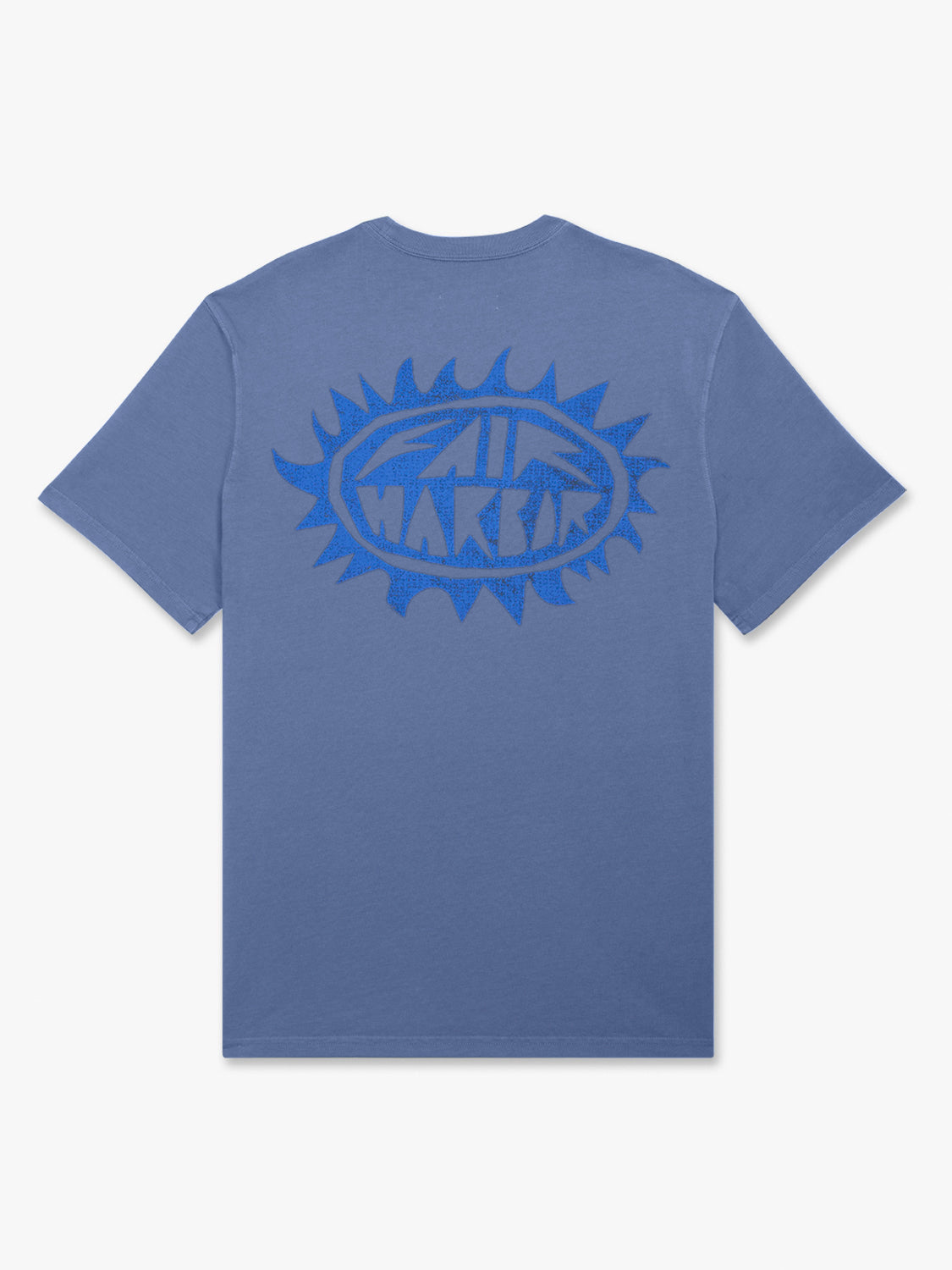 Blue tee with tonal sun graphic and text on the back.