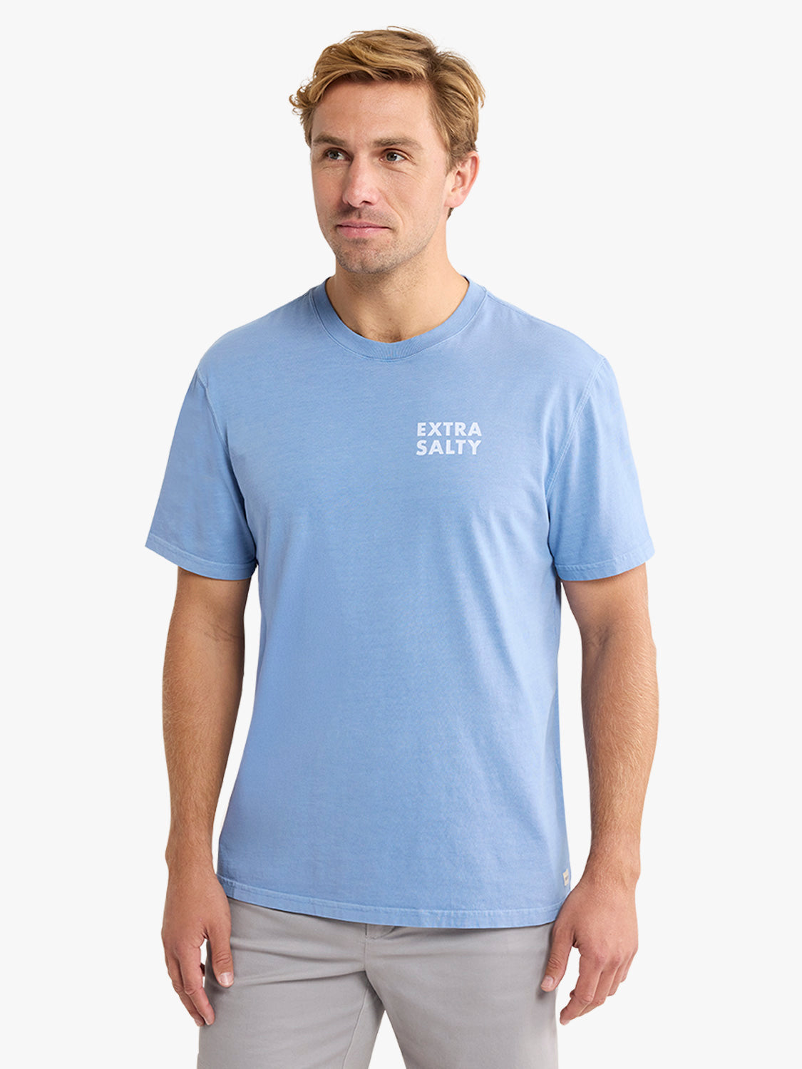 Man wearing a light blue short-sleeve t-shirt with white 