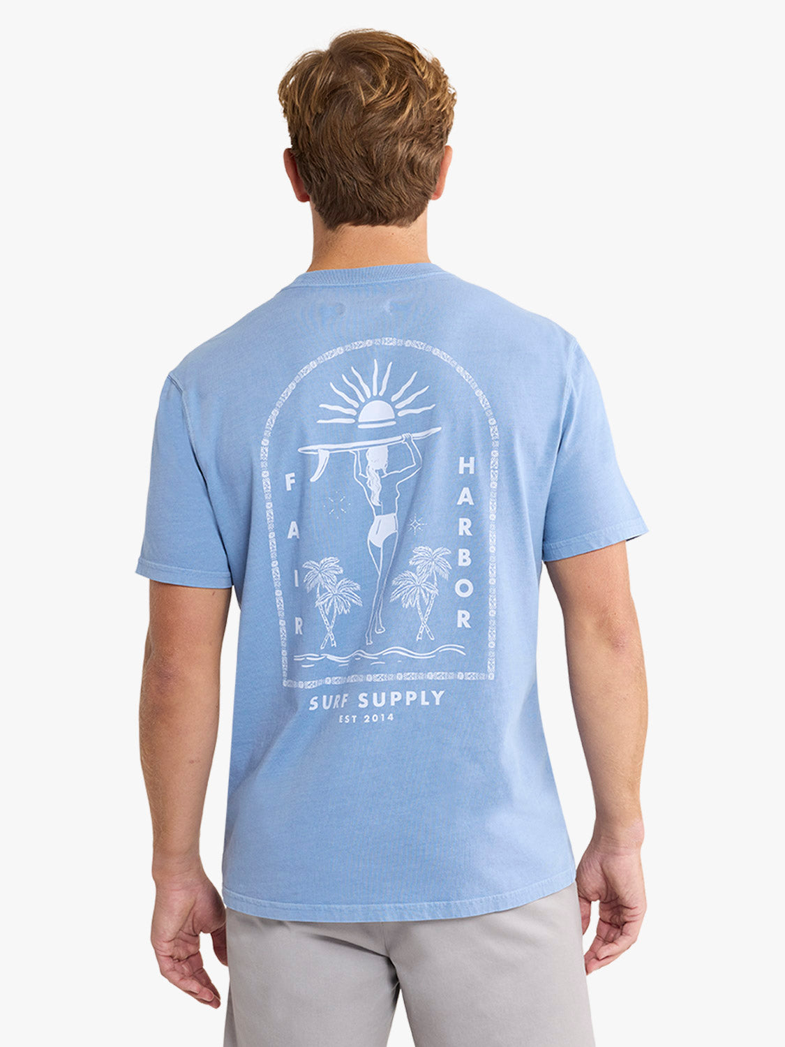 Man wearing light blue graphic tee with back print featuring surfboard, sun, and palm tree design.