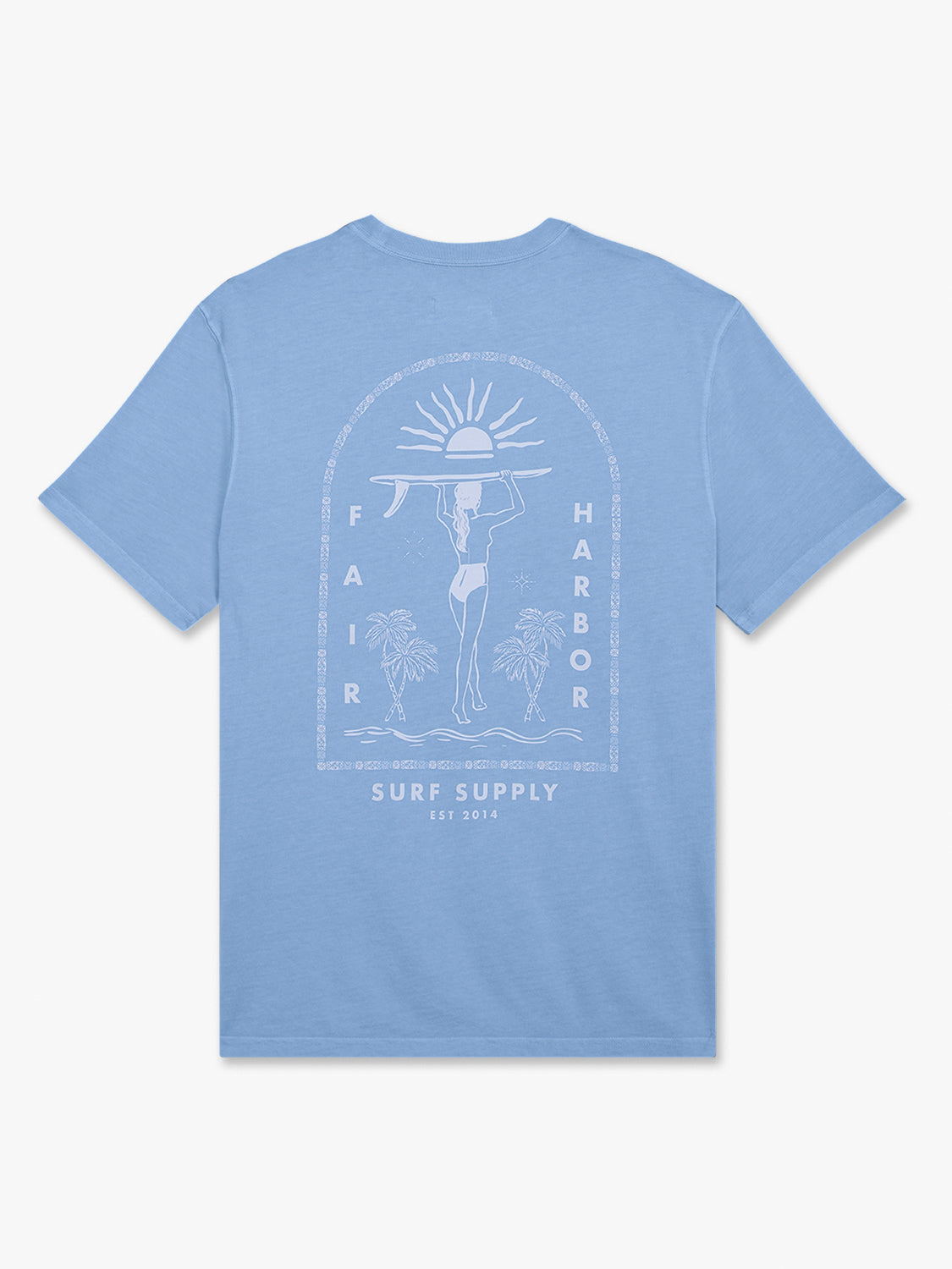 Light blue short-sleeve t-shirt with a graphic print featuring a surfer holding a surfboard and palm trees.