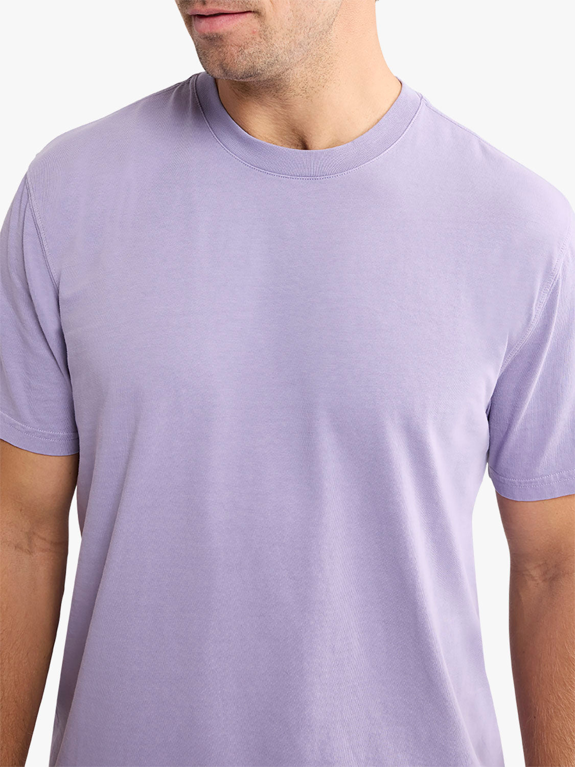 Man wearing a lavender-colored crewneck t-shirt with short sleeves against a white background.