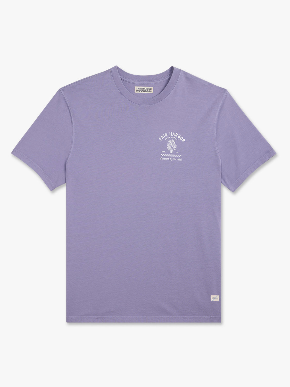 Lavender short-sleeve t-shirt with small tree graphic and Fair Harbor text on chest.