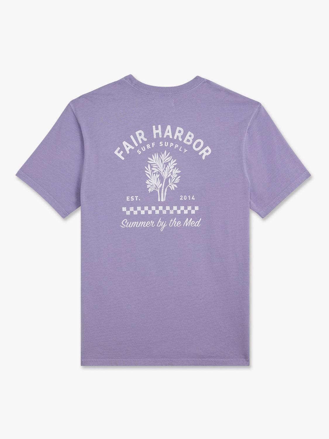 Purple short-sleeve t-shirt with white graphic print featuring 