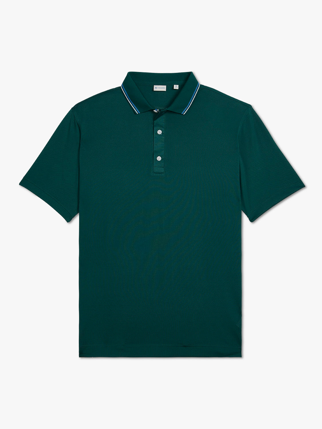 Fairway green pique polo shirt with short sleeves, white button placket, and striped collar trim.