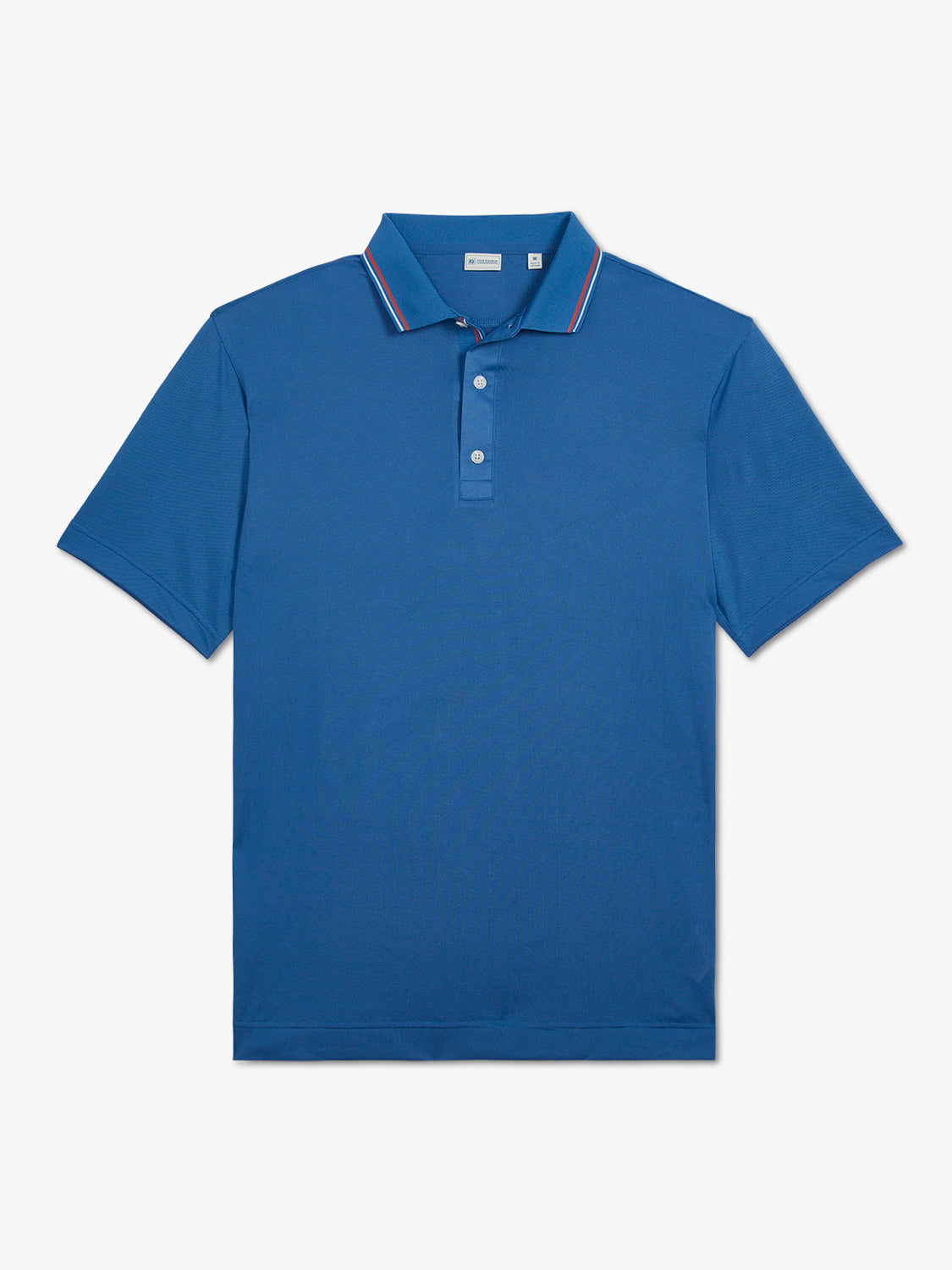 Ocean blue pique polo shirt with short sleeves, white buttons, and striped collar trim.
