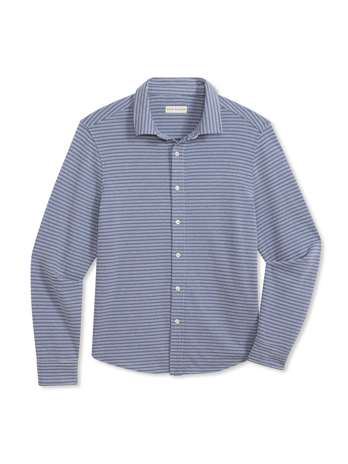 Blue and white striped button-up shirt with long sleeves and collar displayed flat against white background.
