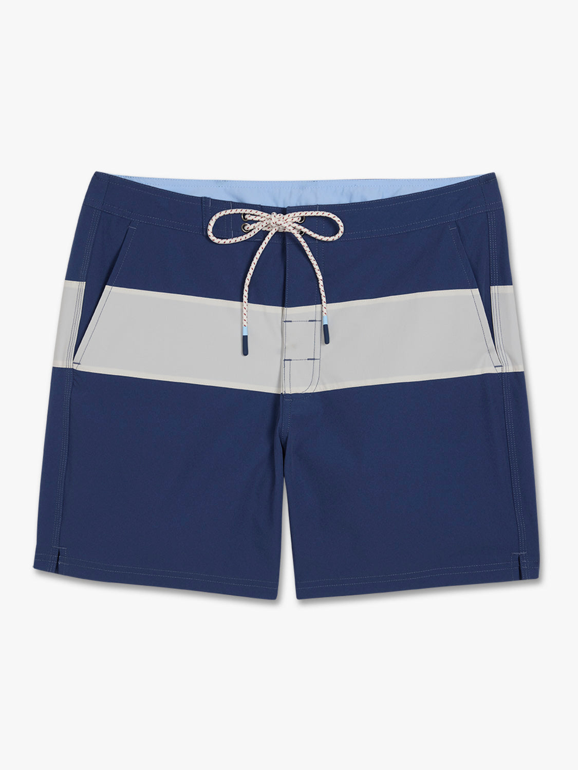 Navy and gray striped board shorts with drawstring waistband and side pockets displayed flat.
