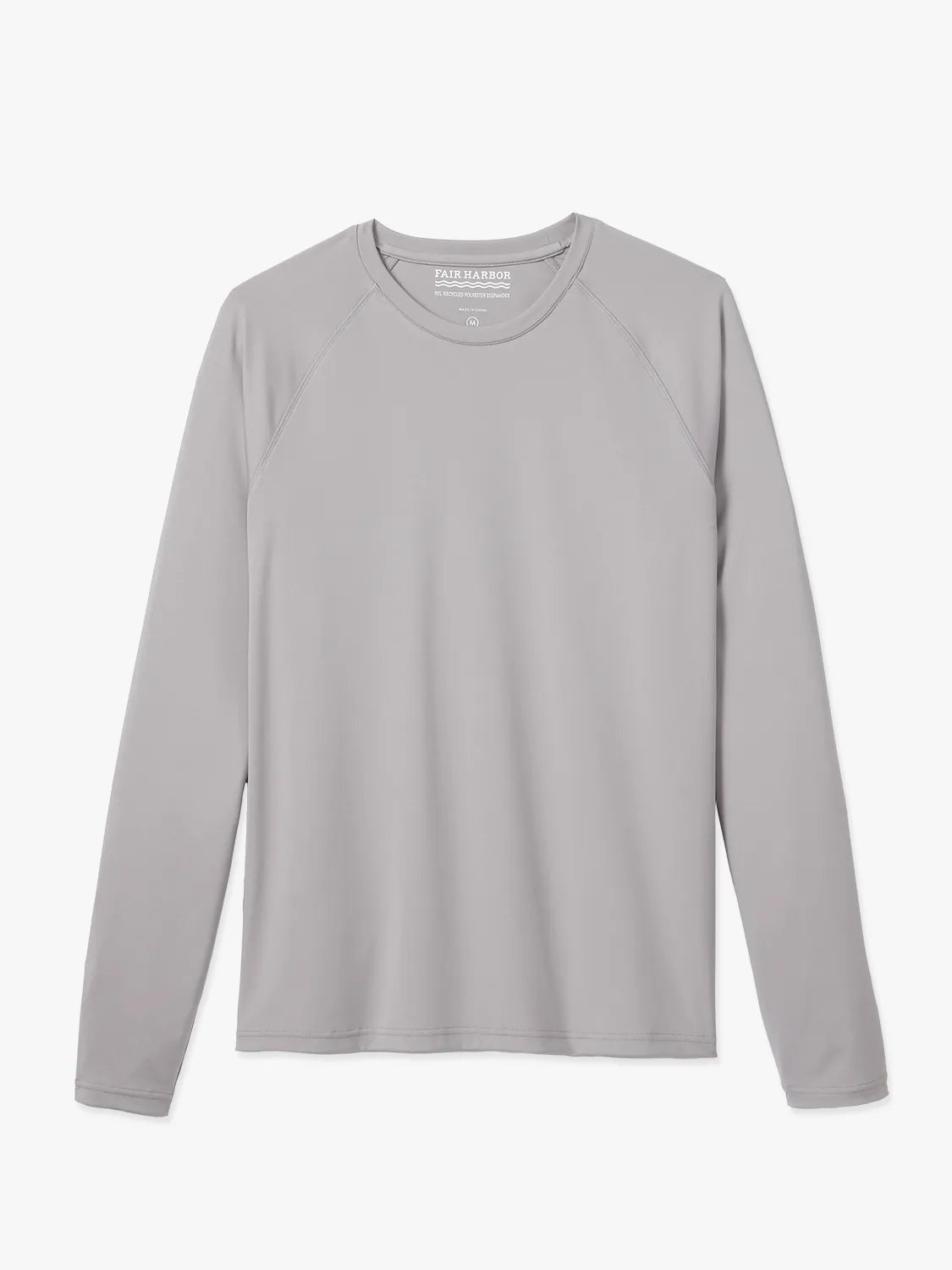 Grey long-sleeved rashguard with crew neckline displayed flat against white background.