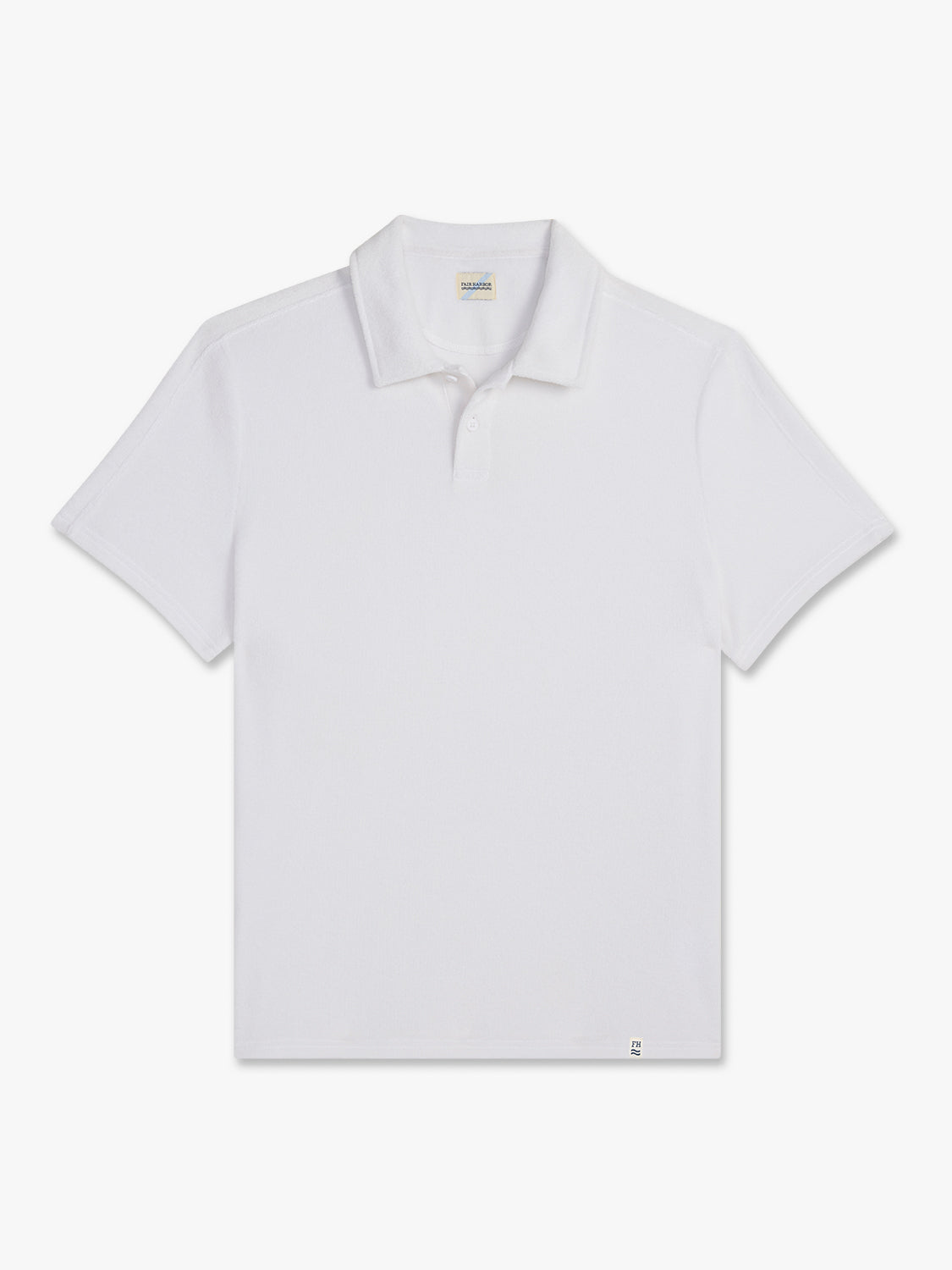 White short-sleeved polo shirt with collar and button front placket displayed flat.
