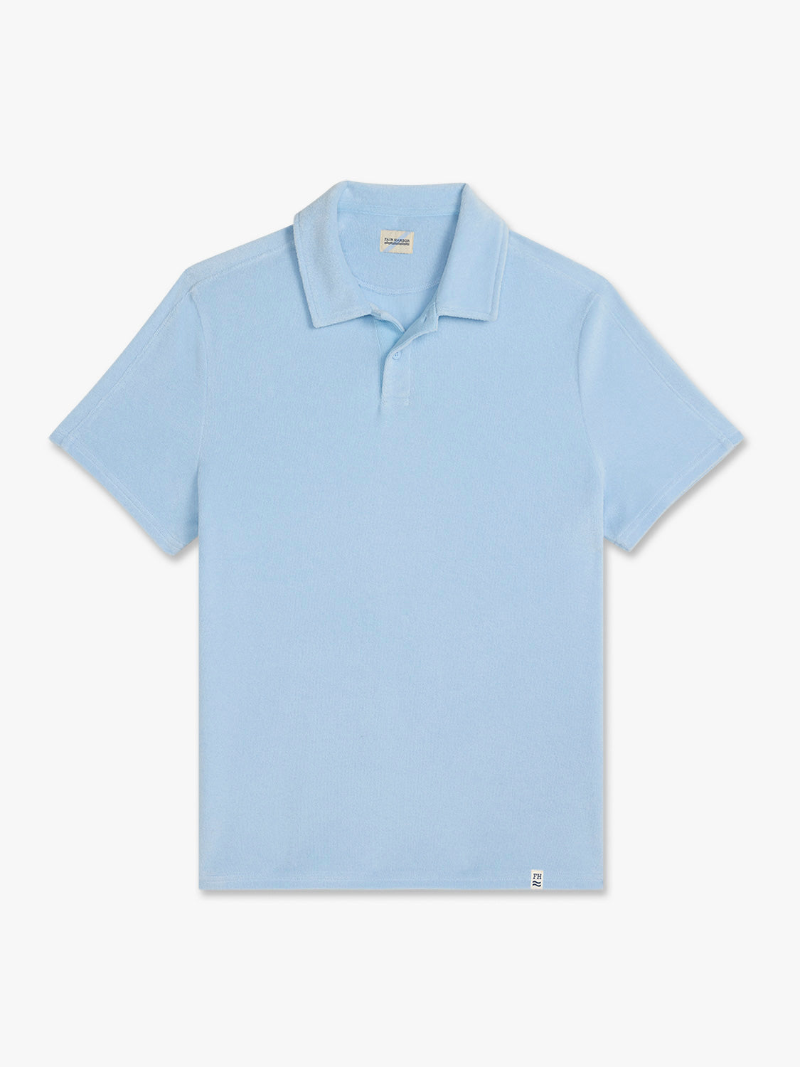 Light blue terry cloth polo shirt with short sleeves and a collared neckline displayed flat.
