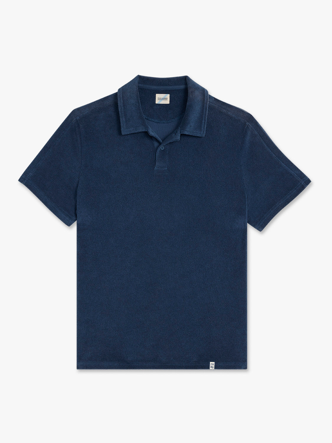 Navy terry polo shirt with short sleeves and a collared neckline displayed on a neutral background.