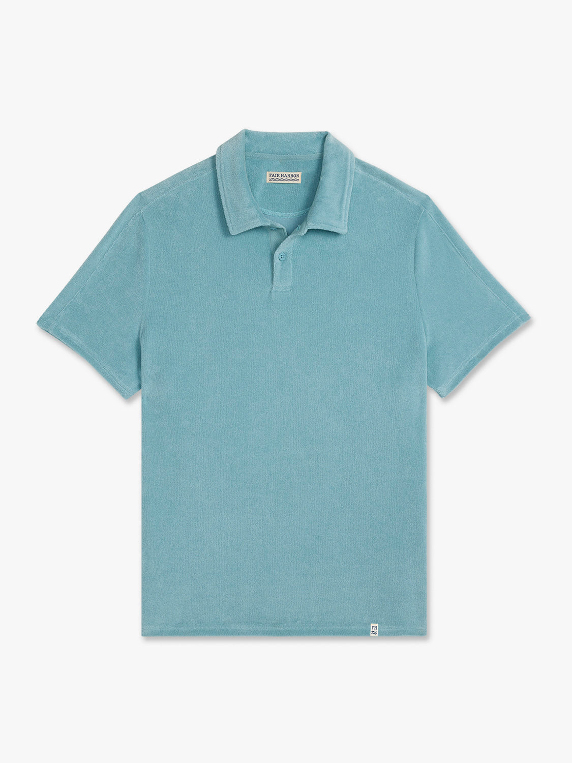 Bay blue terry polo shirt with short sleeves and a collared neckline displayed flat against a white background.