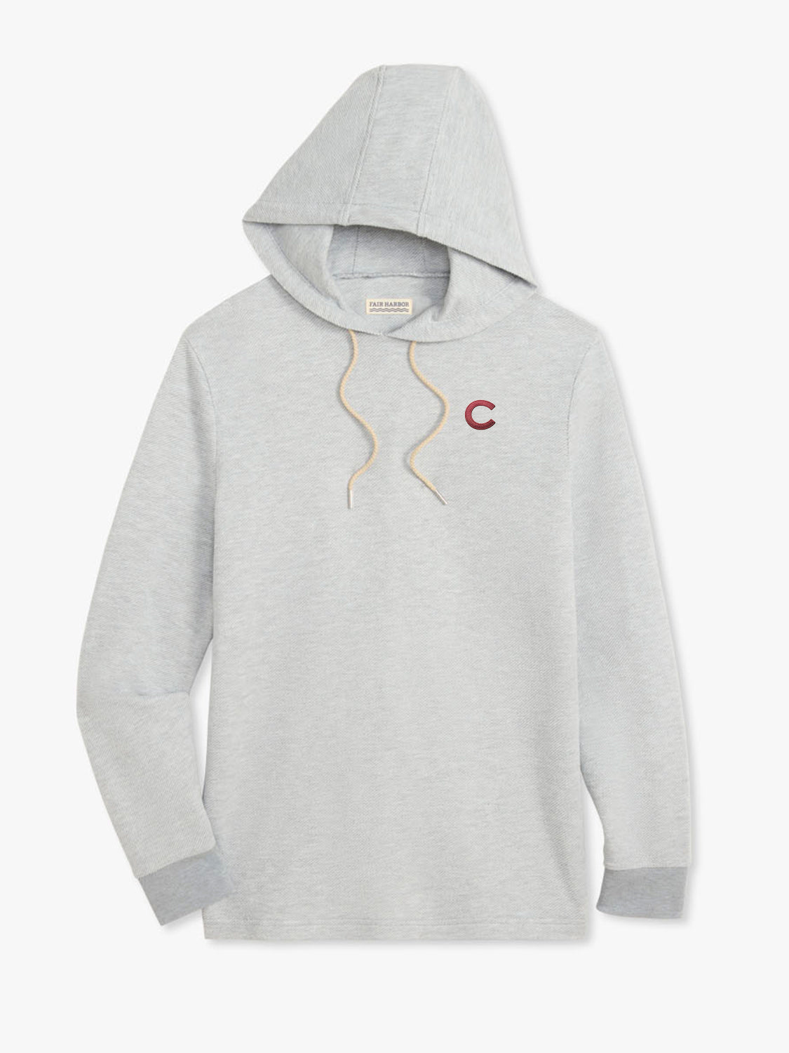 Heather grey hoodie with tan drawstrings and a small red C logo on the chest.