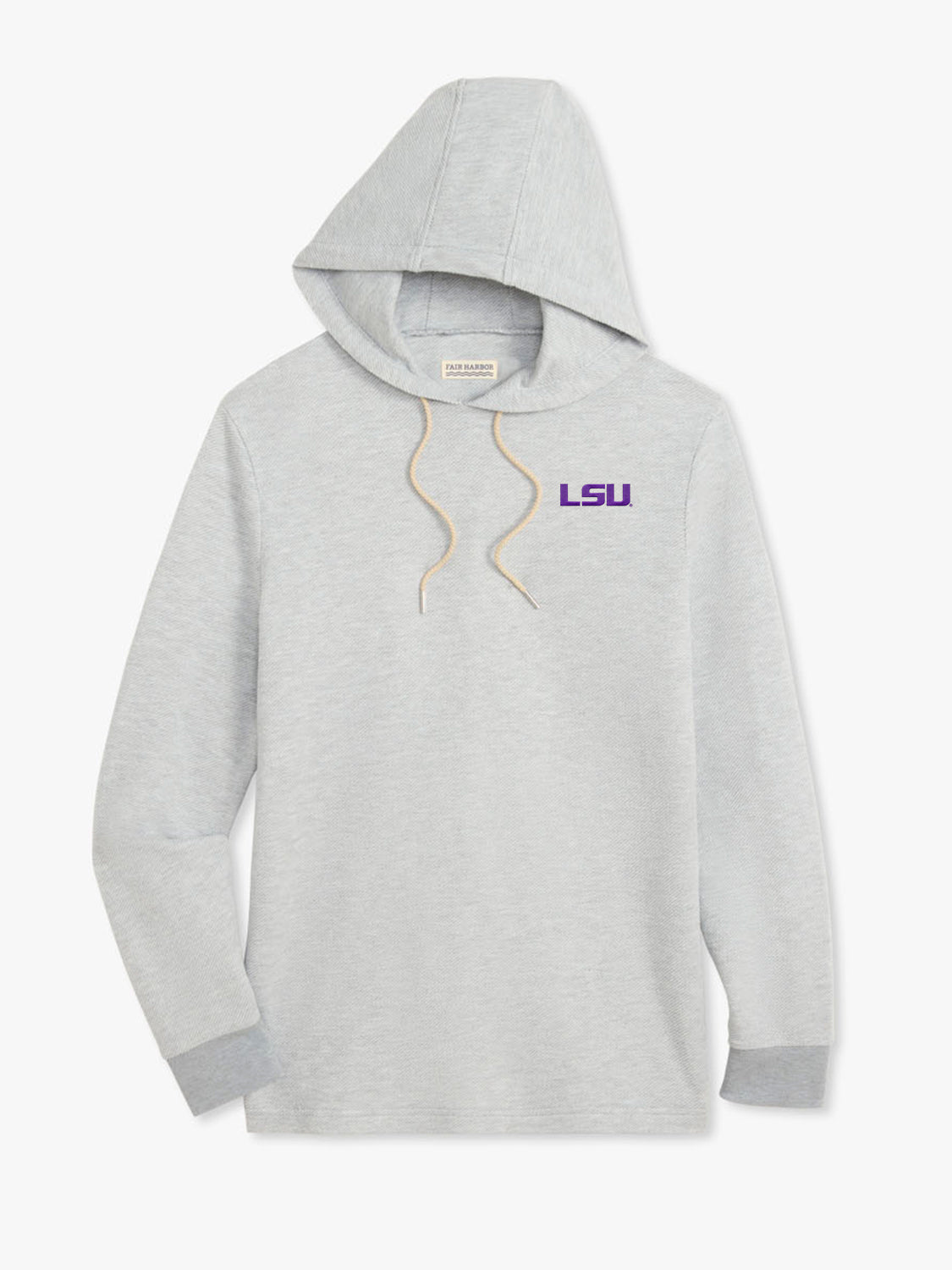 Heather grey hoodie with drawstring hood and purple LSU emblem on chest.