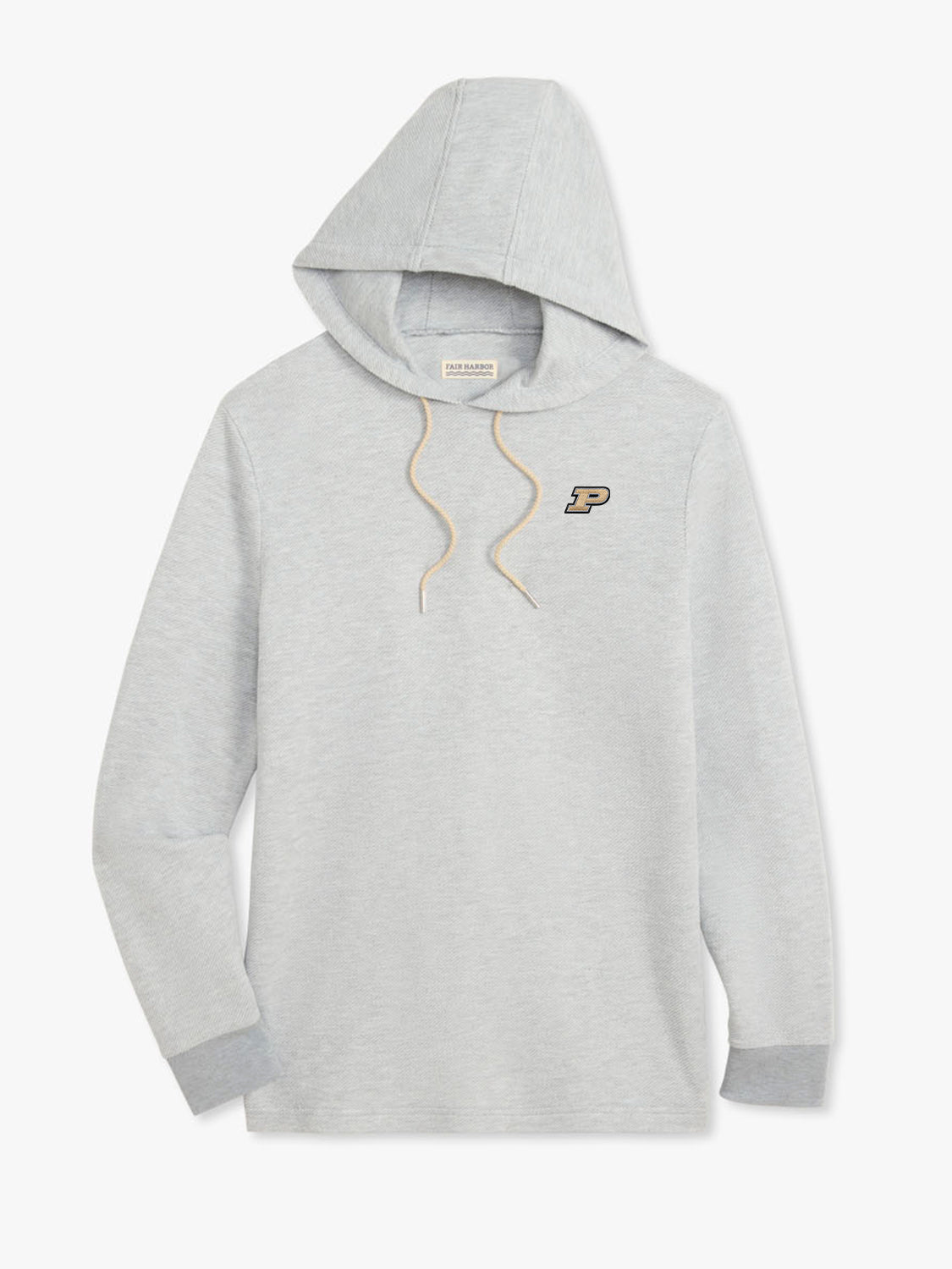 Heather grey pullover hoodie with tan drawstrings and small Purdue P logo on chest.