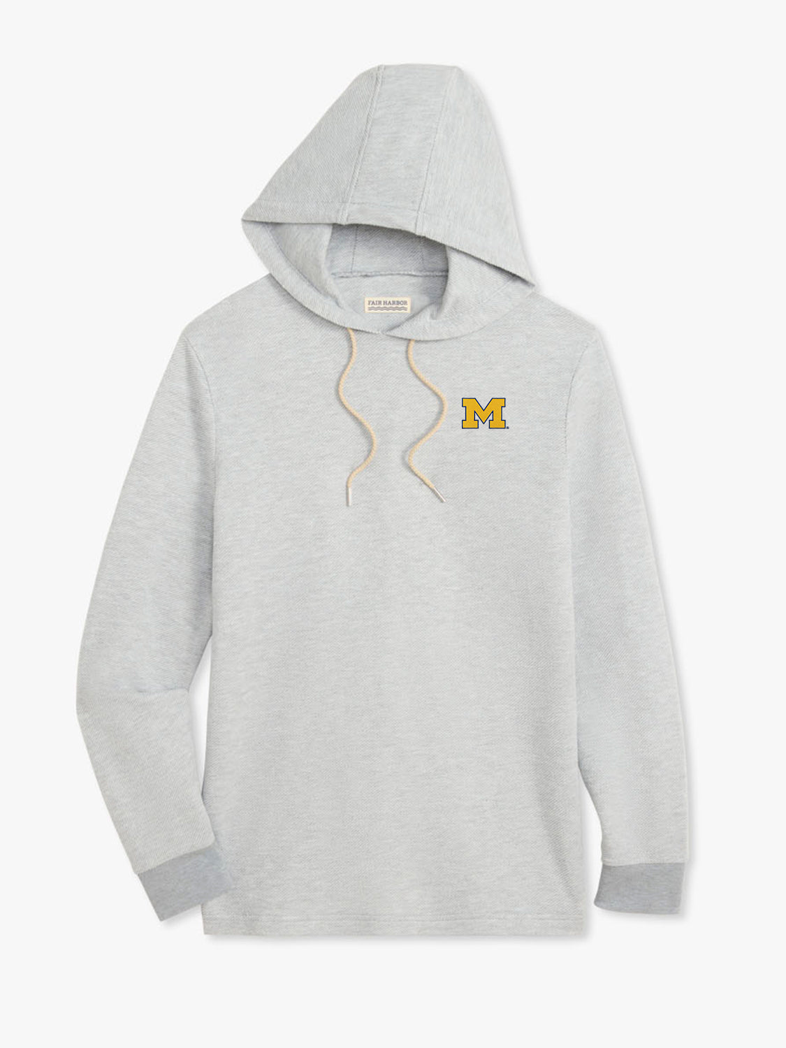Heather grey hoodie with drawstring hood and University of Michigan M logo on chest.