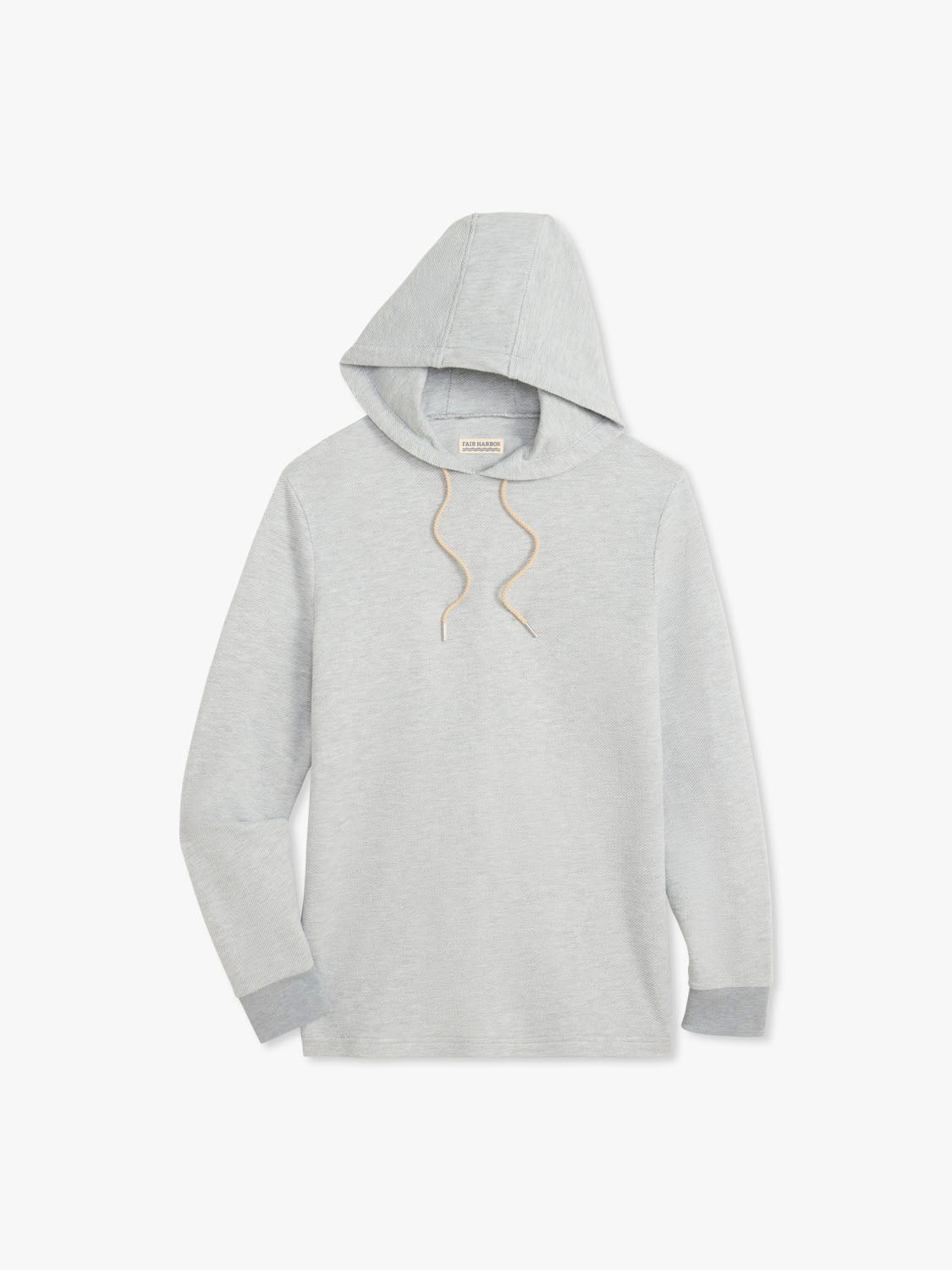 Heather grey hoodie with drawstring and ribbed cuffs displayed against a white background.