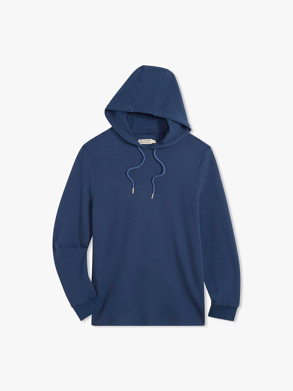 Navy blue twill hoodie with drawstring and long sleeves displayed on neutral background.