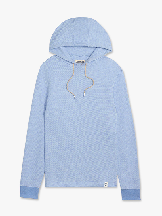 Light blue pullover hoodie with tan drawstrings and ribbed cuffs displayed on neutral background.
