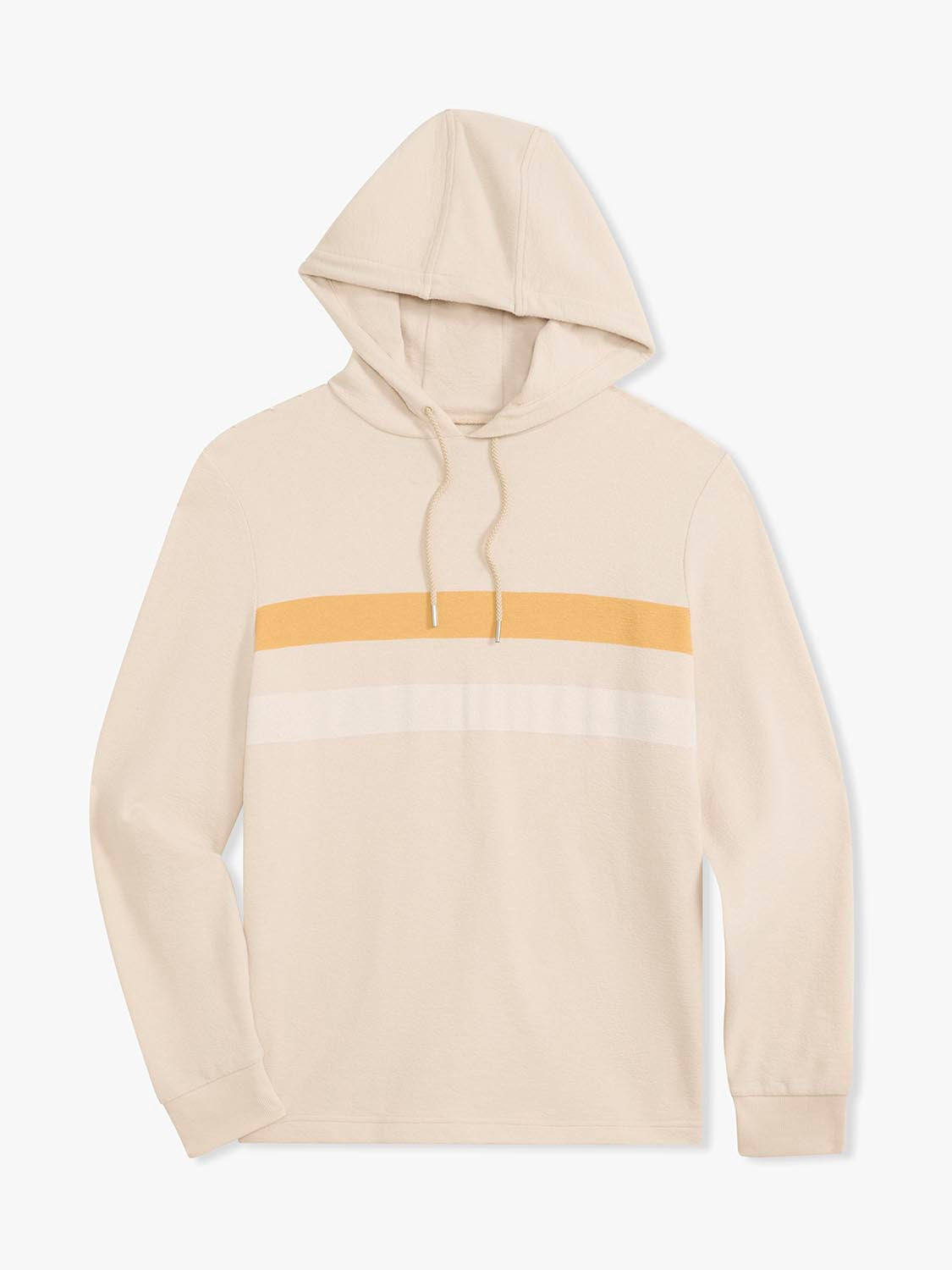 Cream terry hoodie with horizontal stripes in gold and light cream across the chest.