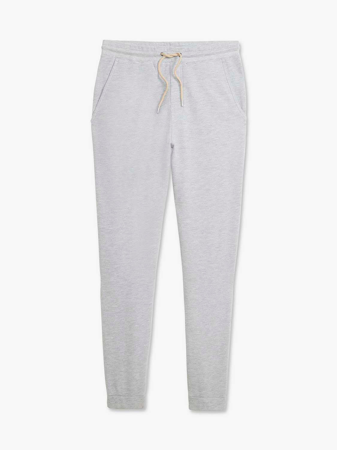 Heather grey sweatpants with drawstring waist, side pockets, and tapered ankles displayed flat.