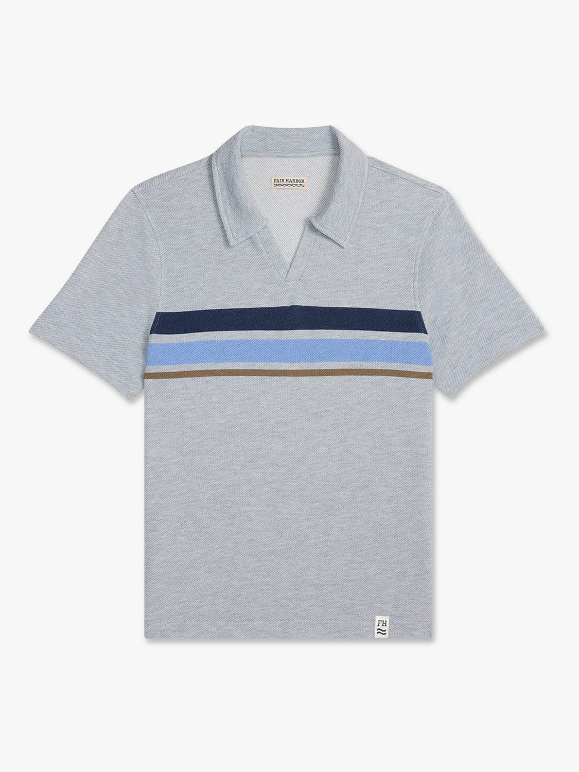Heather grey polo shirt with navy, light blue, and tan horizontal stripes across the chest.