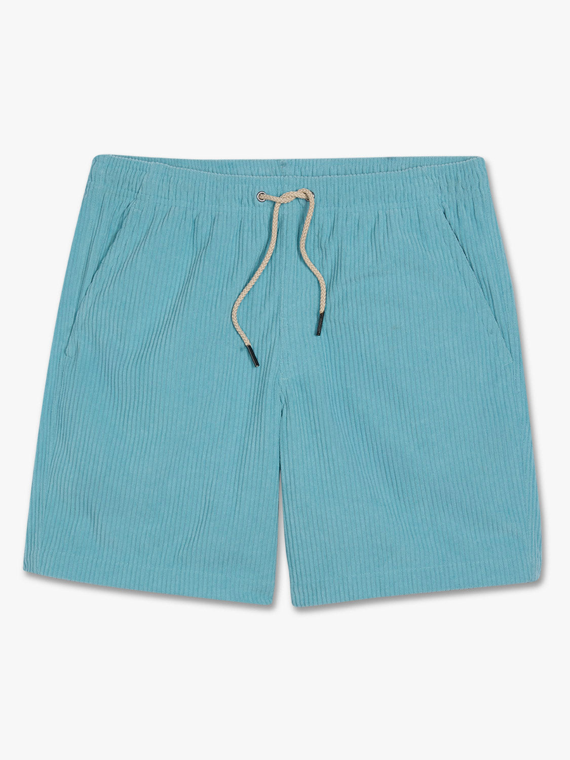 Bay blue corduroy shorts with a tan drawstring and ribbed texture throughout the fabric.
