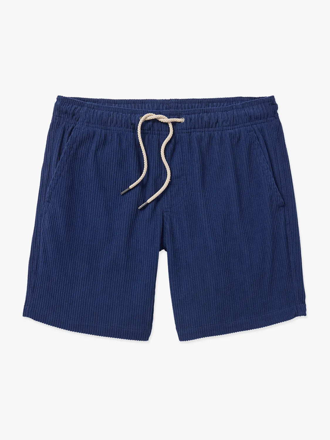 Navy corduroy shorts with vertical ribbed texture and a cream drawstring waist displayed flat.