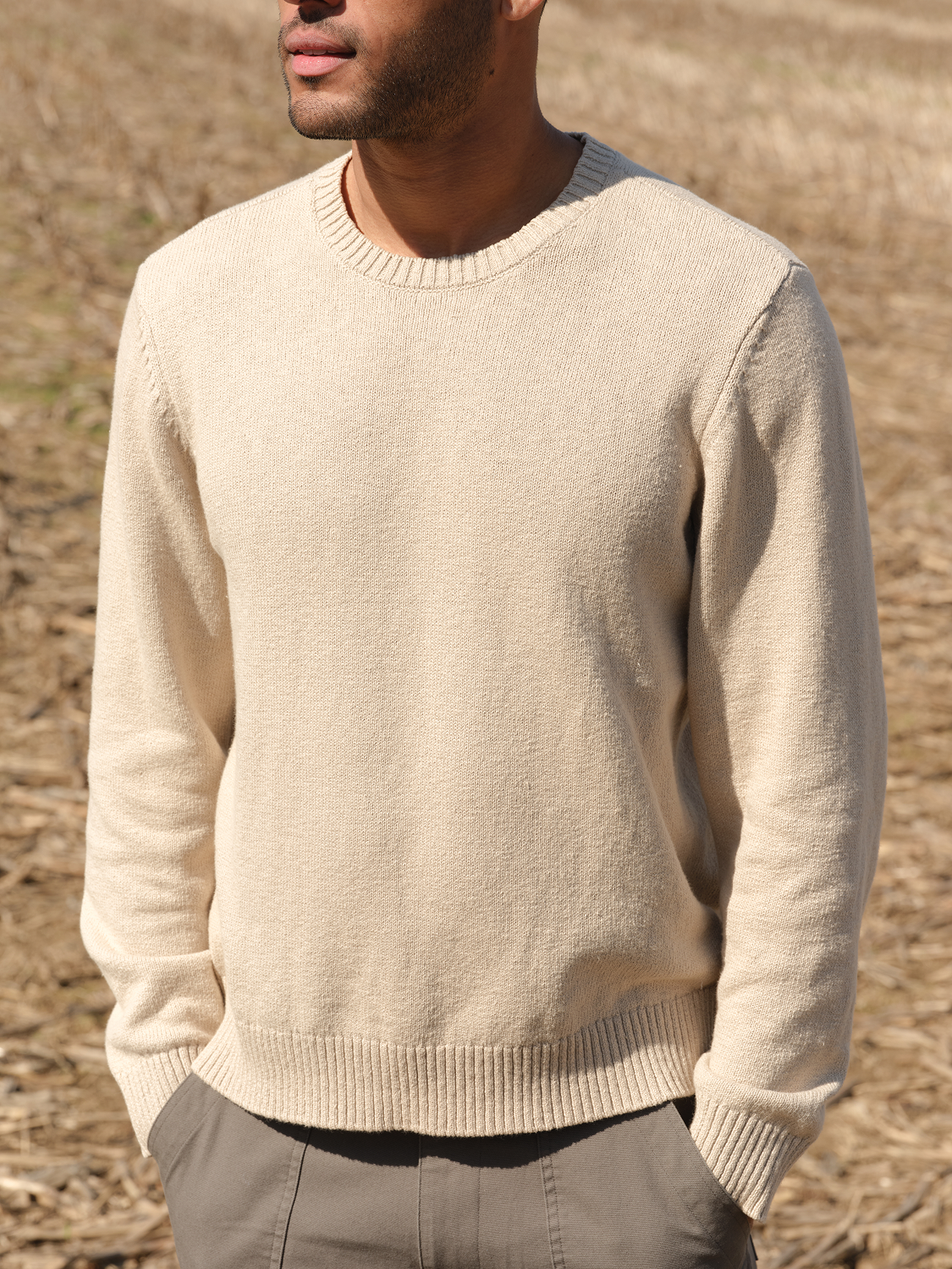 Man wearing a cream-colored crew neck sweater with ribbed cuffs and hem outdoors.